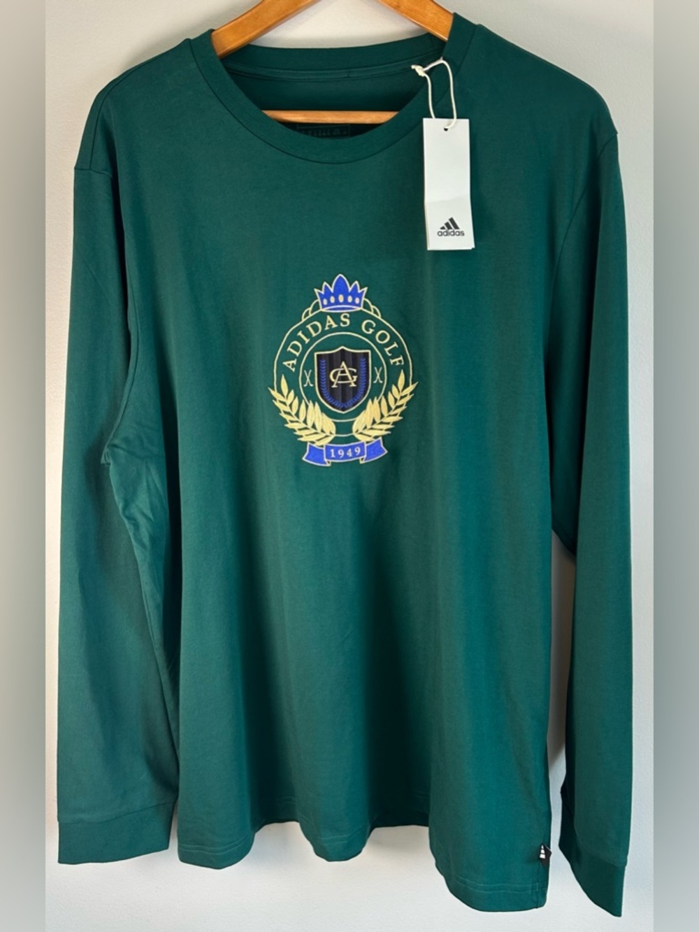 Adidas Golf Go-To Crest Embroidered LS T-Shirt Cotton XL Collegiate Green NWT